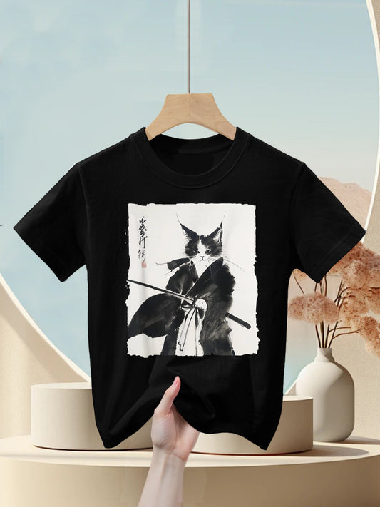 Samurai Cat Vintage Ukiyo-e Warrior Art Graphic Cat Art Kids T-Shirt