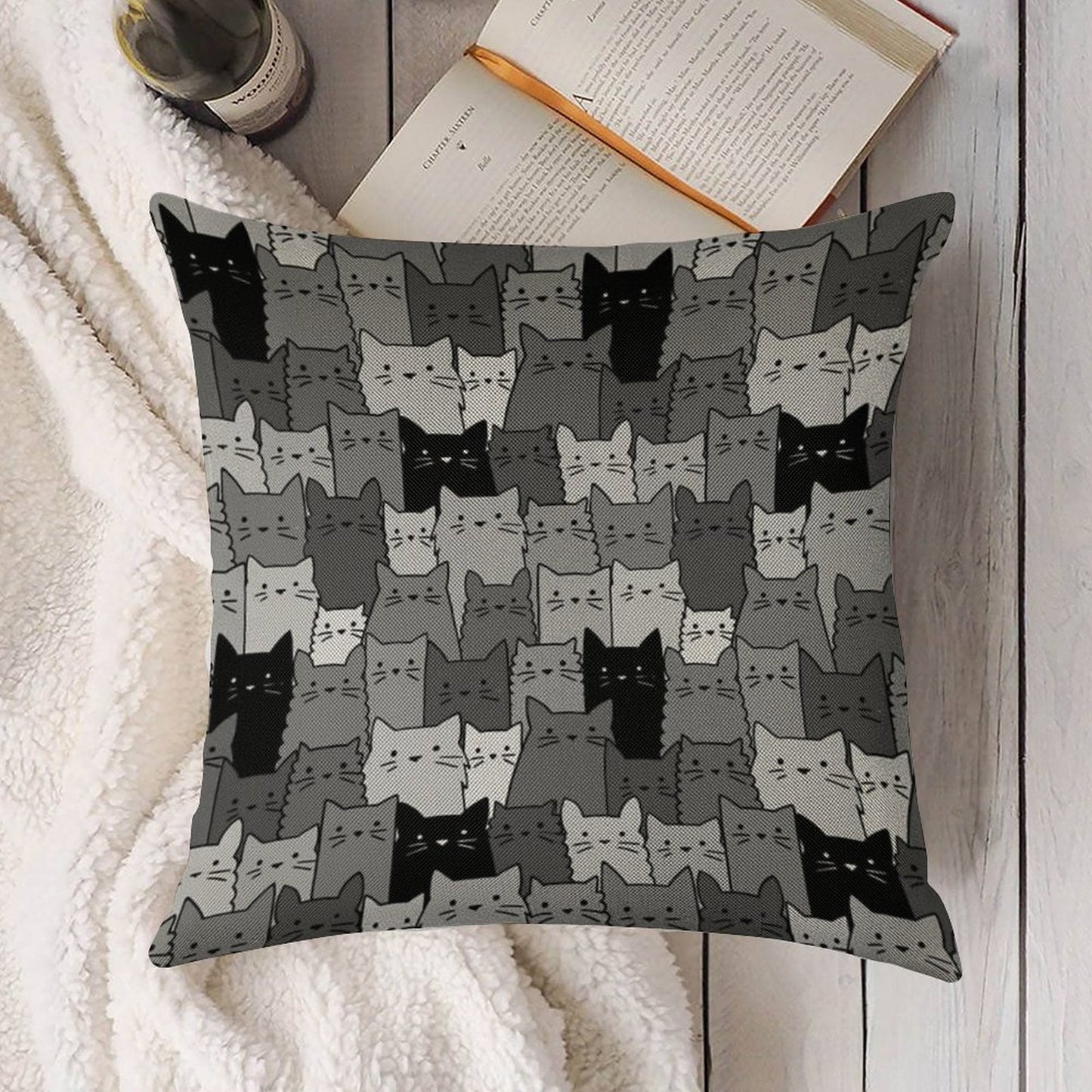 Silent Cats Monochromatic Linen Throw Pillow Cover