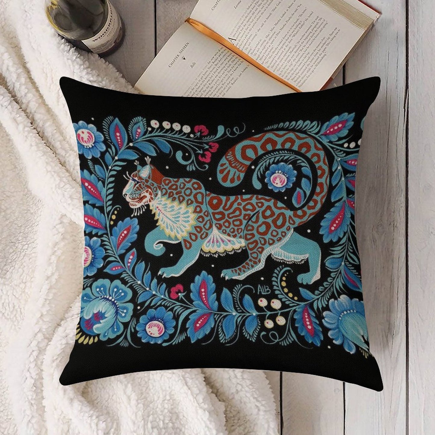 Snow Leopard Folk Art Linen Throw Pillow Cover