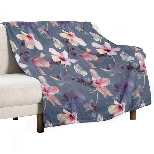 Butterflies And Hibiscus Flowers - A Painted Pattern Throw Blanket
