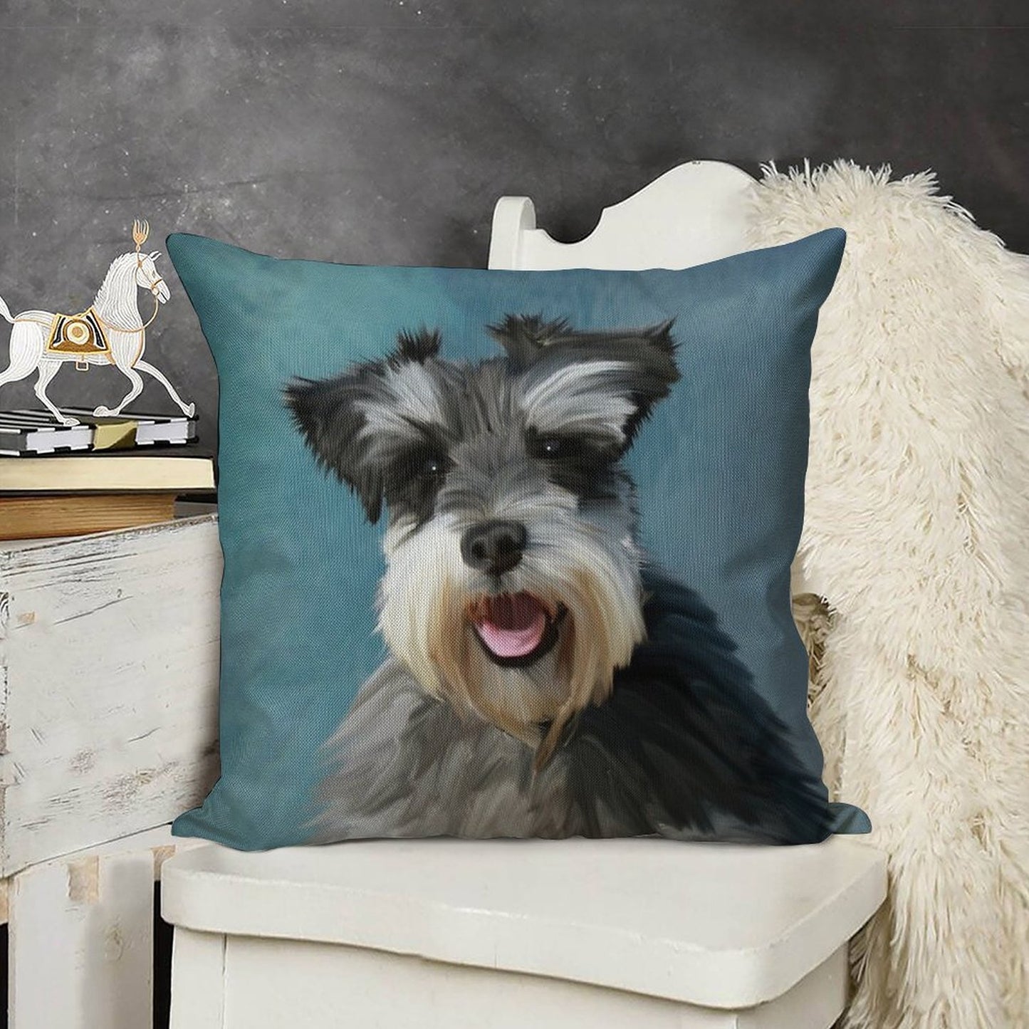 Miniature Schnauzer Dog Water Color Art Painting Linen Throw Pillow Cover