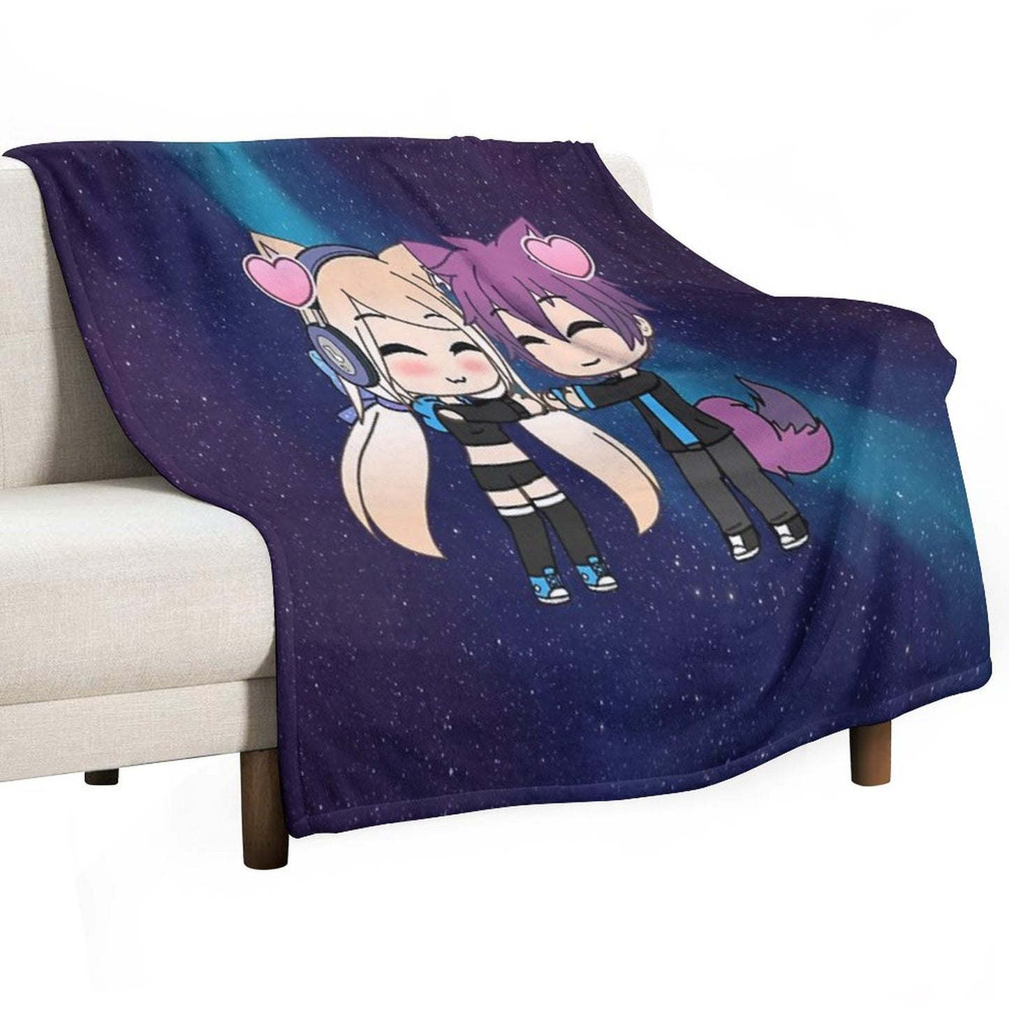 Cute Gacha Girl And Boy with Fox Tail Throw Blanket