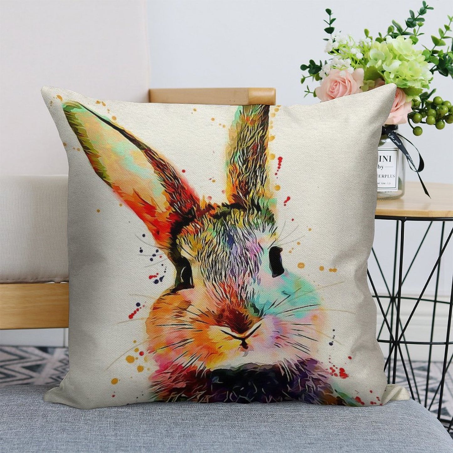 Rabbit Watercolor Art Work Linen Throw Pillow Cover