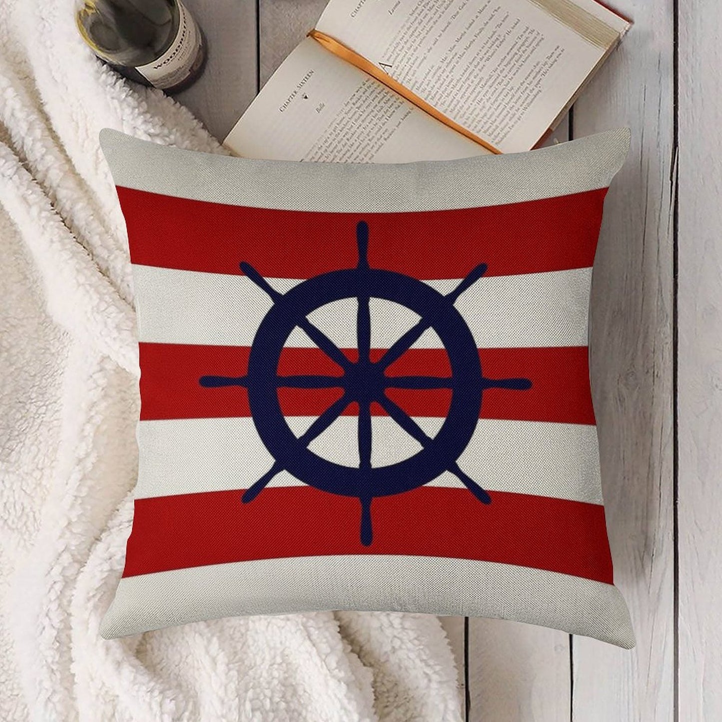 Nautical Navy Blue Ship's Steering Wheel On Red Stripes Linen Throw Pillow Cover