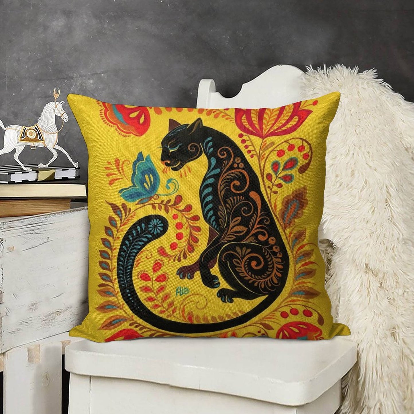 Panther & Butterfly Folk Art Linen Throw Pillow Cover