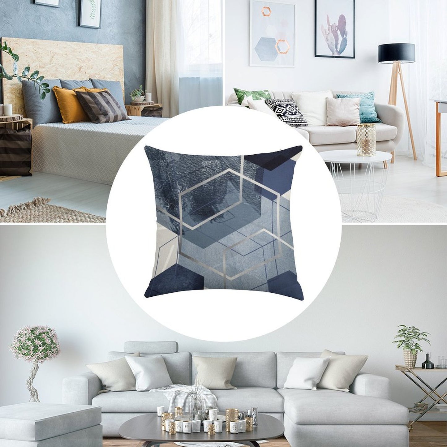 Blue And Grey Geo Linen Throw Pillow Cover