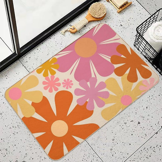 Retro 60s 70s Flowers - Vintage Style Floral Pattern in Thulian Pink, Orange, Mustard, And Cream Long-Lasting Bath Mat