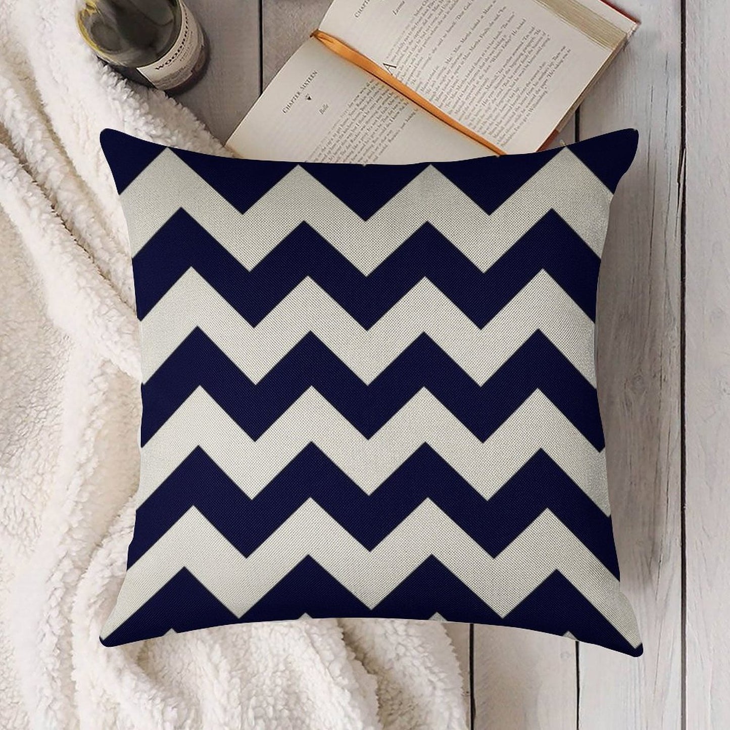 Navy Blue And White Chevron Stripes Linen Throw Pillow Cover