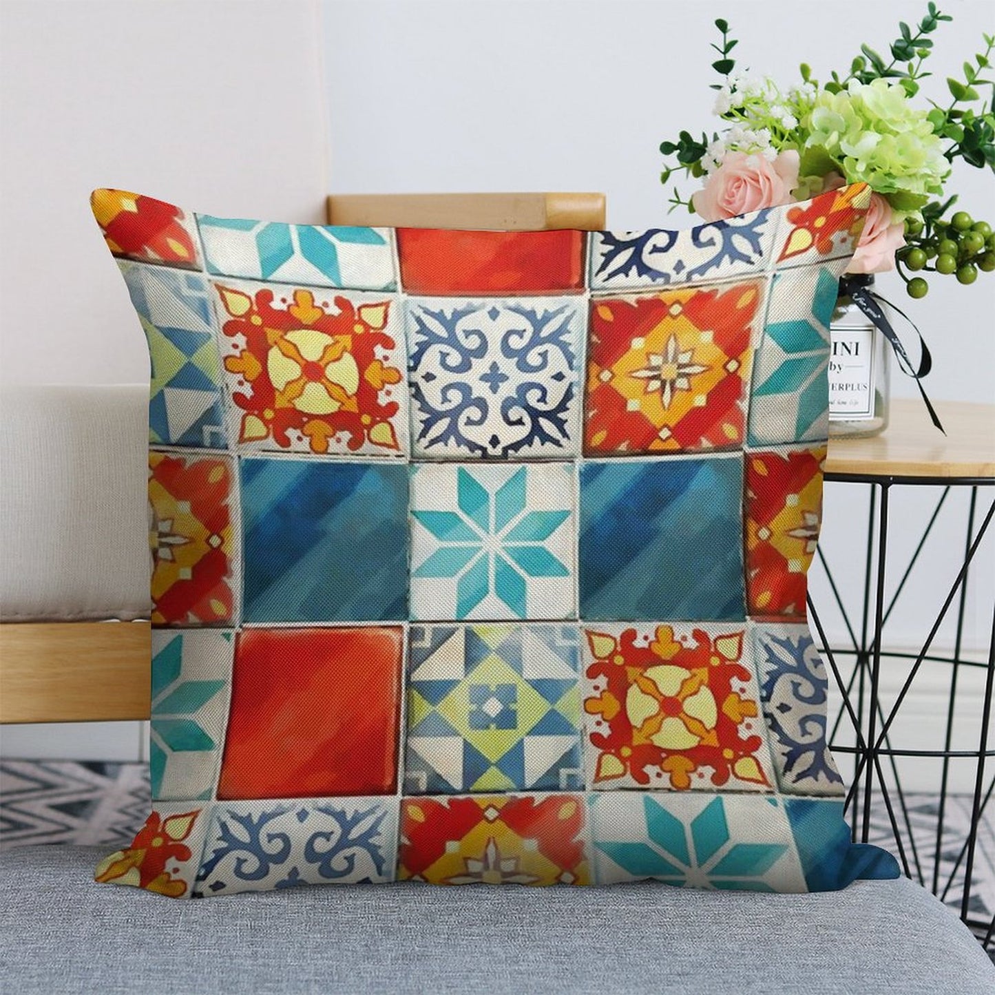Colorful Azulejos Tiles from Azul Board Game Linen Throw Pillow Cover