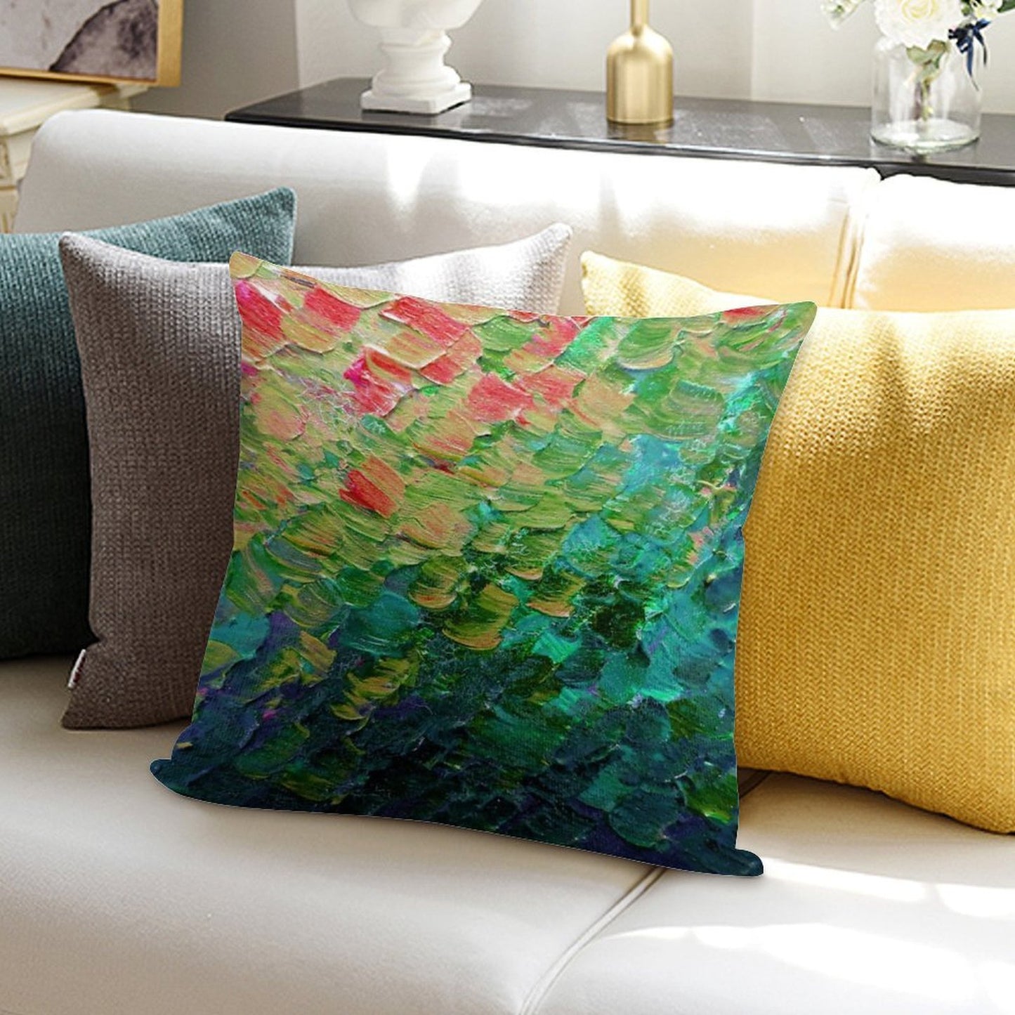 MERMAID SCALES 4 Rainbow Colorful Ombre Ocean Waves Abstract Acrylic Impasto Painting Teal  GreenArt Soft Short Plush Fabric Throw Pillow