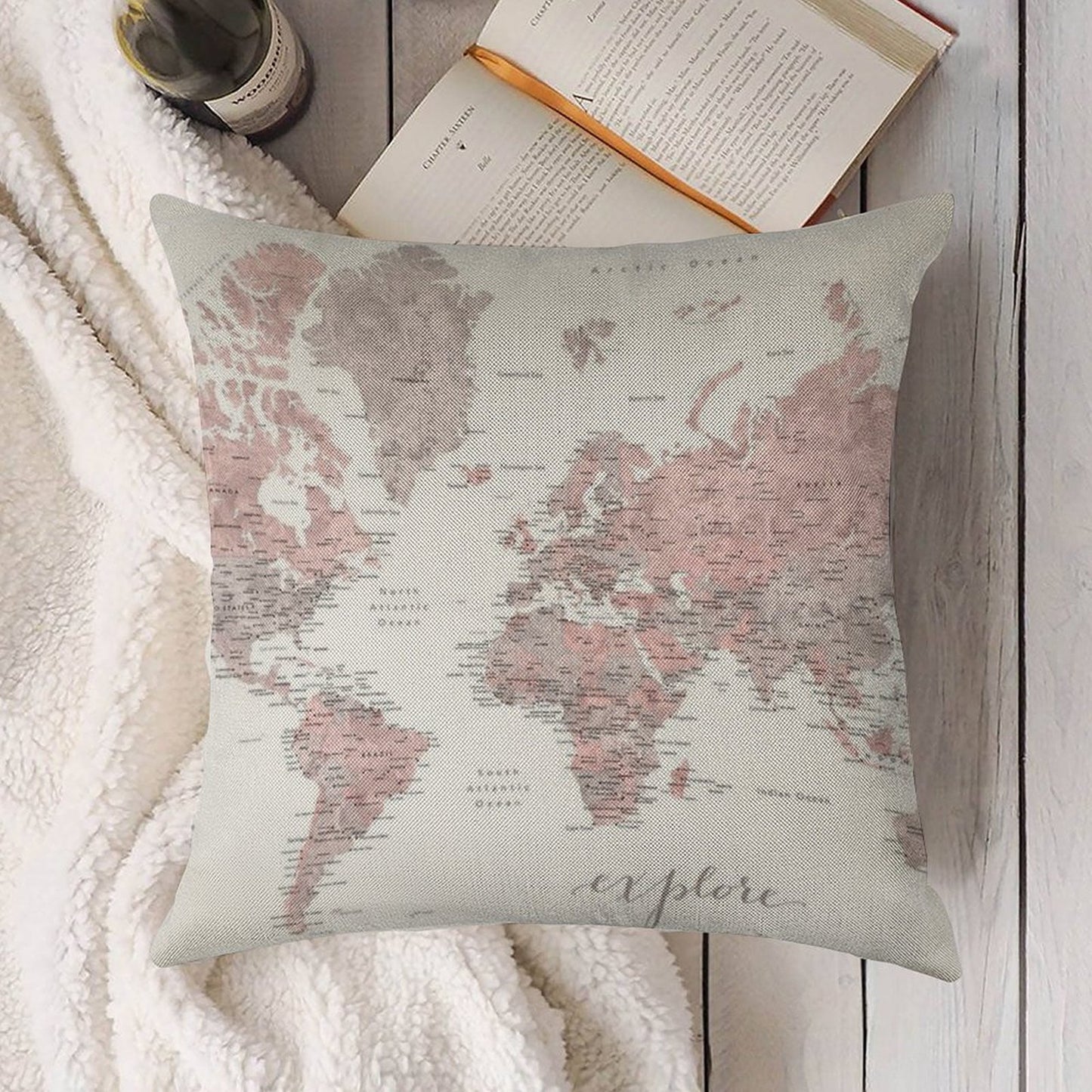 Explore - Dusty Pink And Grey Watercolor World Map, Detailed Linen Throw Pillow Cover