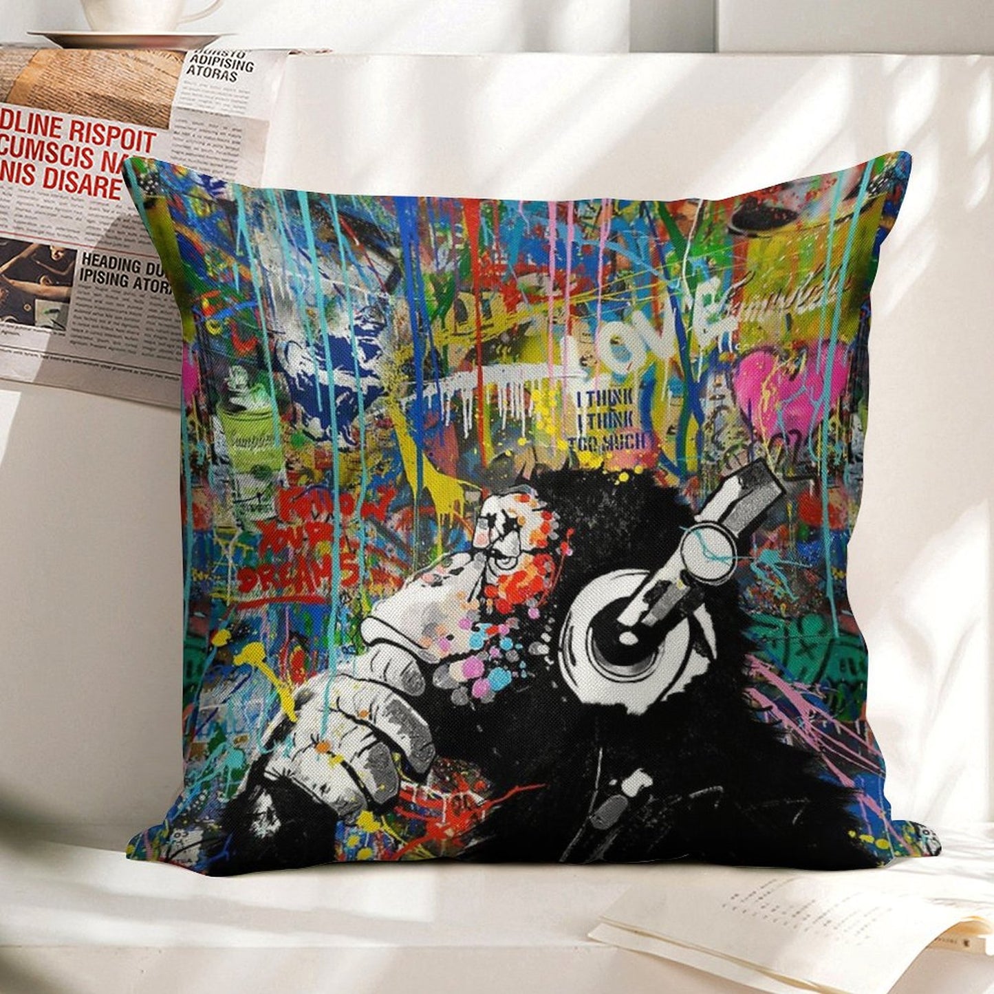 Monkey Thinker - Banksy Urban Contemporary Colorful Street Art - DJ Chimp Linen Throw Pillow Cover