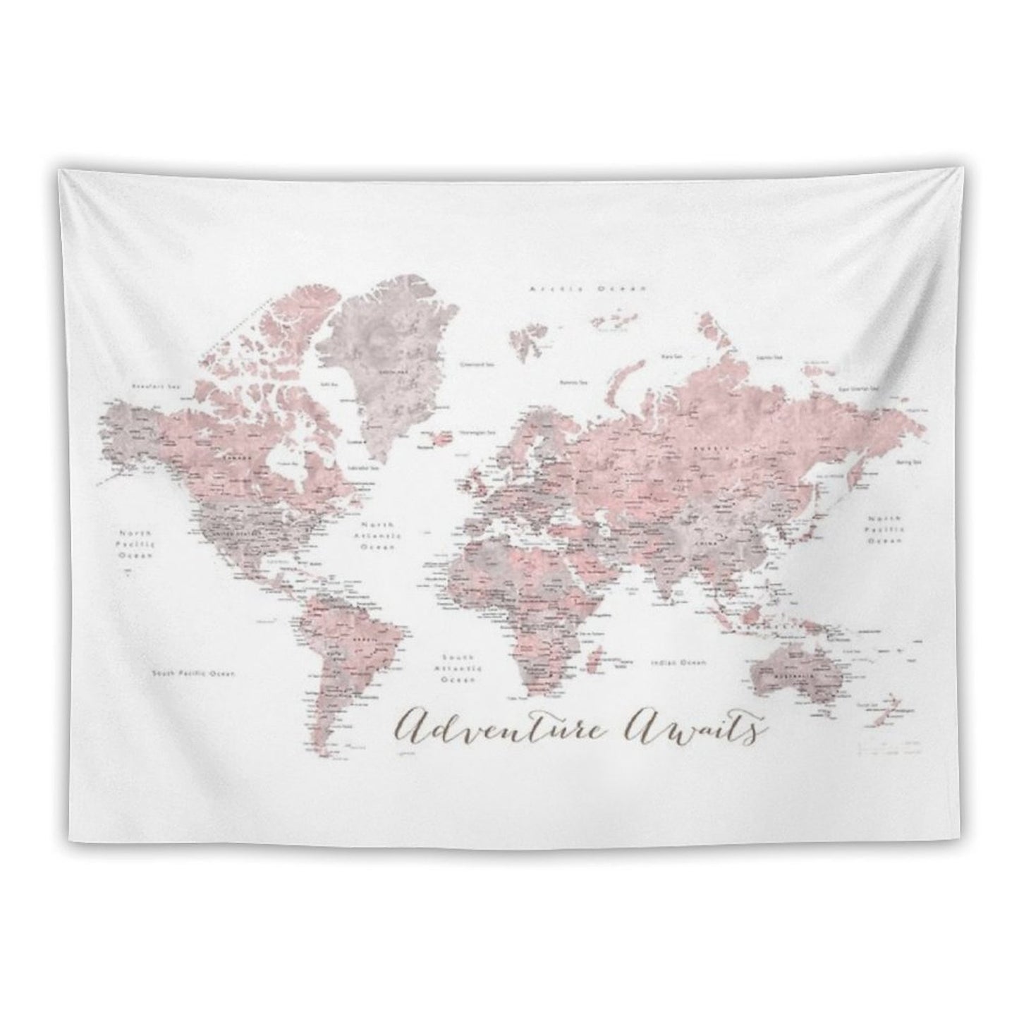 World Map Adventure Awaits in Dusty Pink And Grey Tapestry