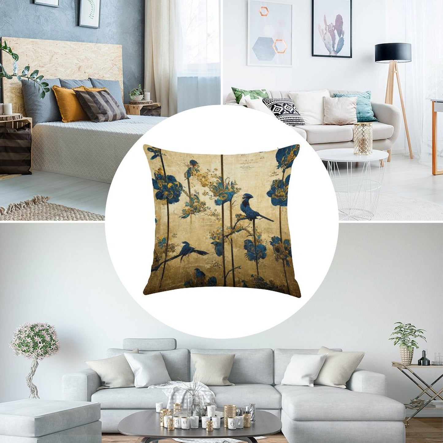 Blue And Gold Chinoiserie Painting with Birds And Flowers Linen Throw Pillow Cover