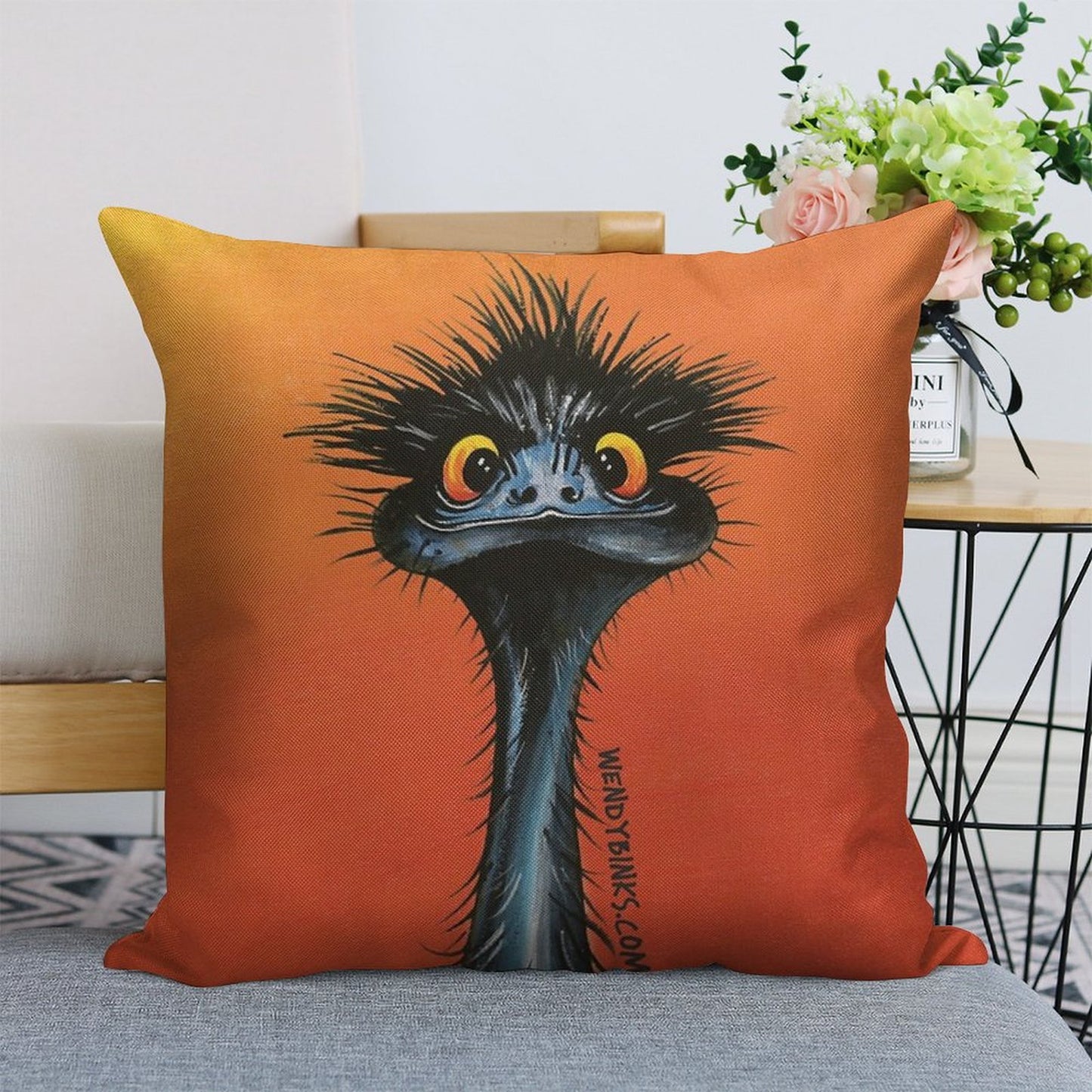 Stunned Emu with Sunset Linen Throw Pillow Cover
