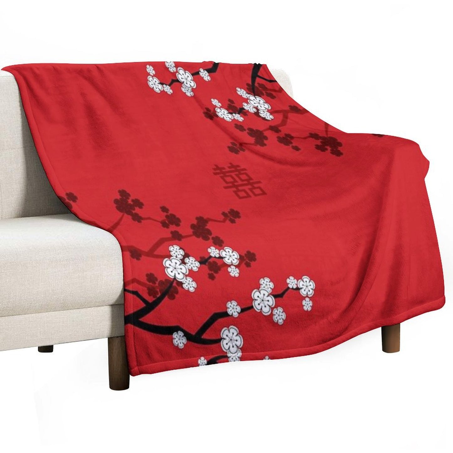 White Oriental Cherry Blossoms on Red And Chinese Wedding Double Happiness Japanese Sakura © Fatfatin Throw Blanket