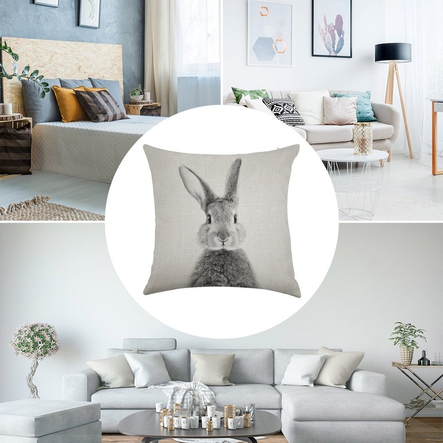 Rabbit - Black & White Linen Throw Pillow Cover