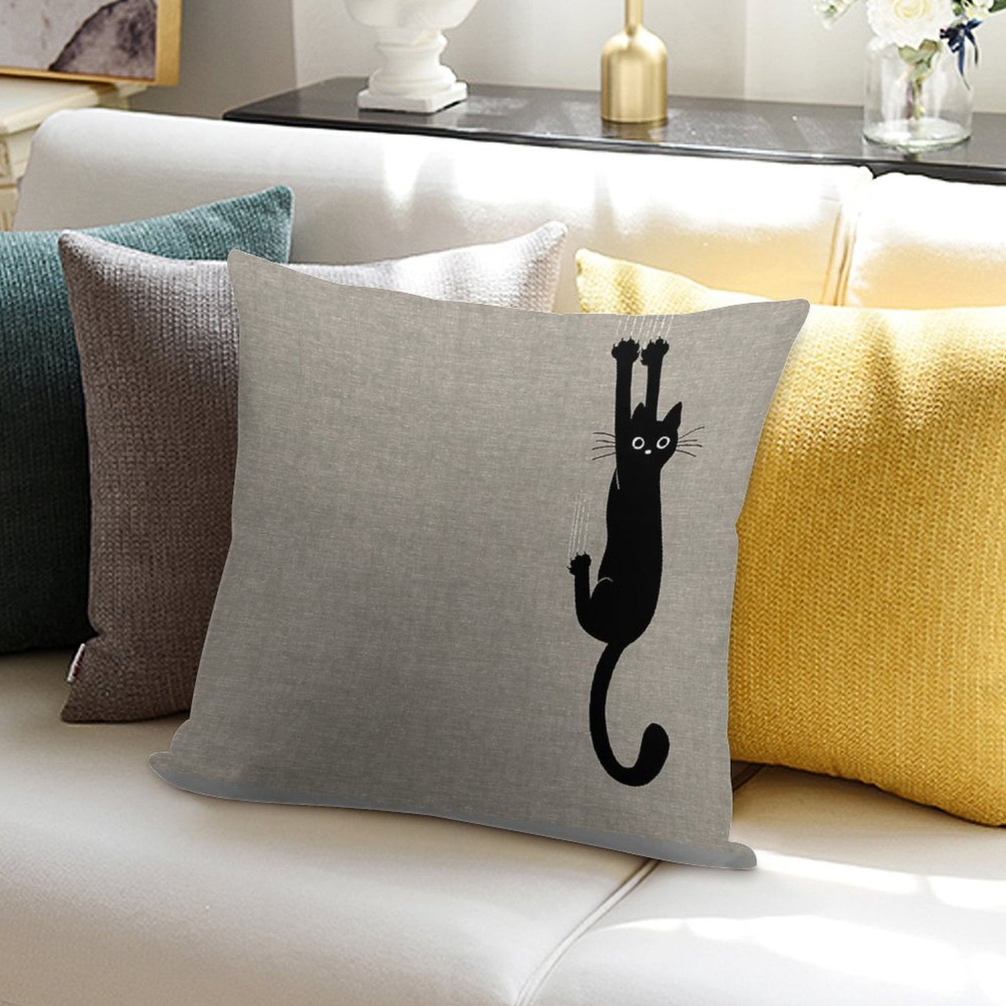 Black Cat Holding On Soft Washable Throw Pillow