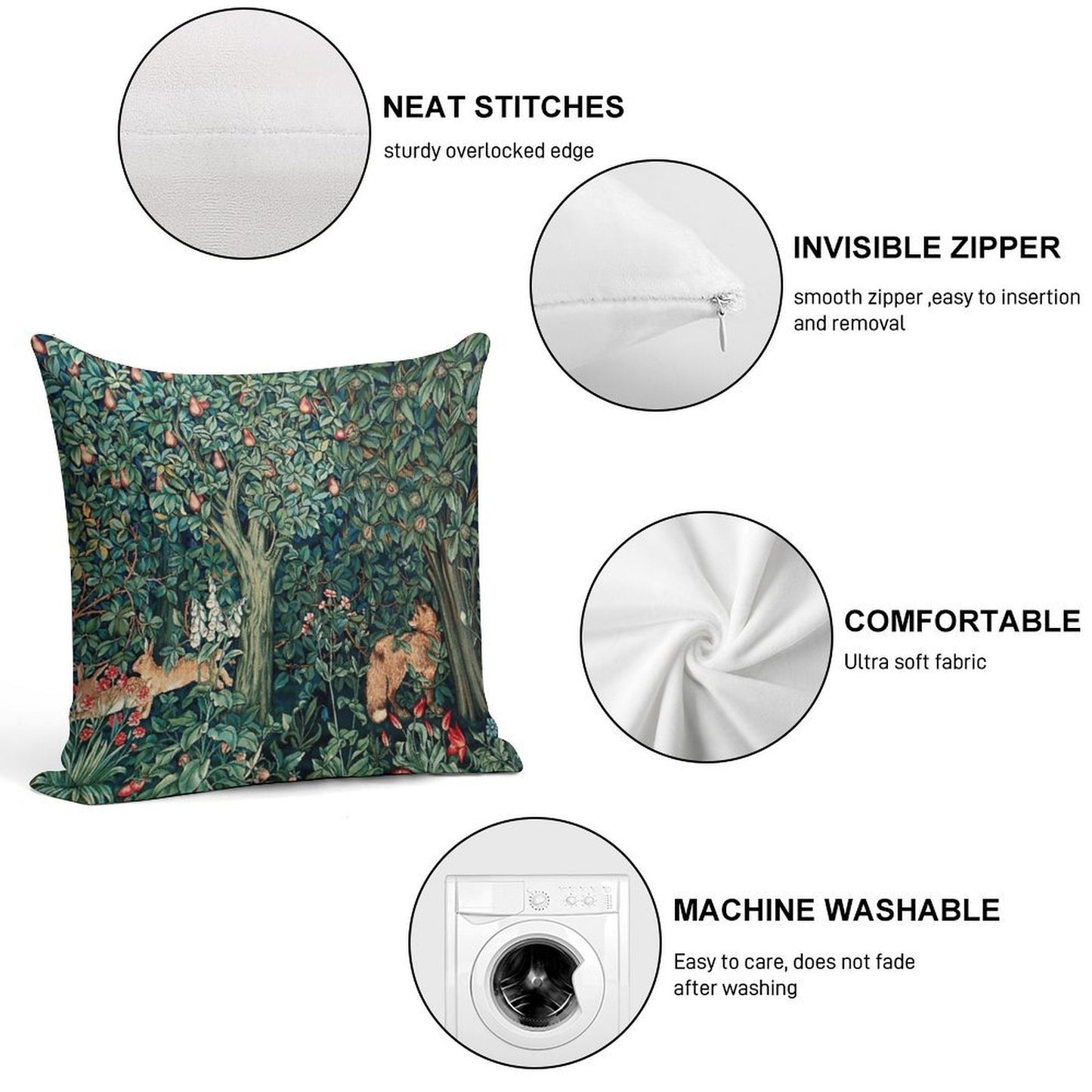GREENERY, FOREST ANIMALS Fox And Hares Blue Green Floral Tapestry Soft Shrink-Resistant Throw Pillow
