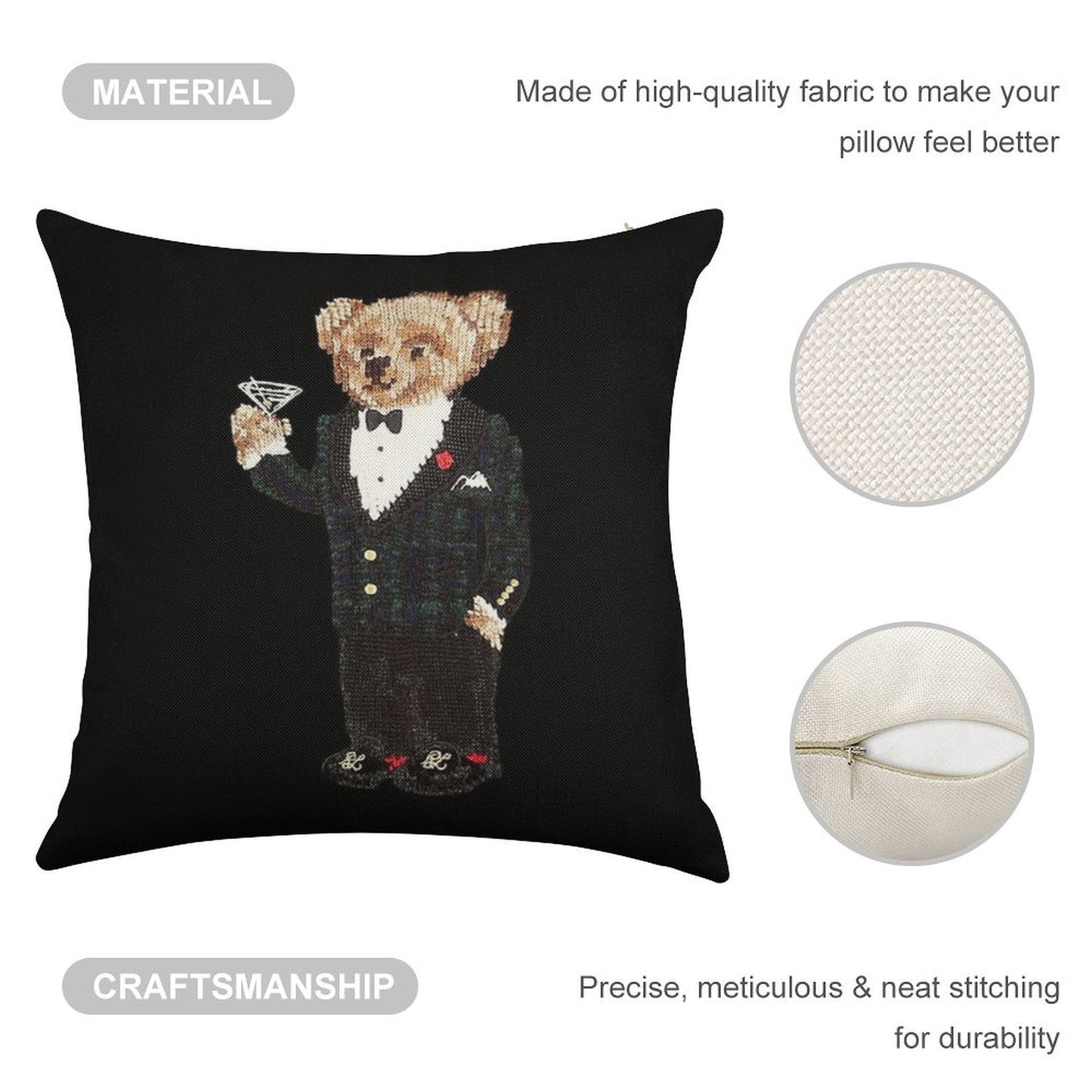 Gentleman Bear Linen Throw Pillow Cover