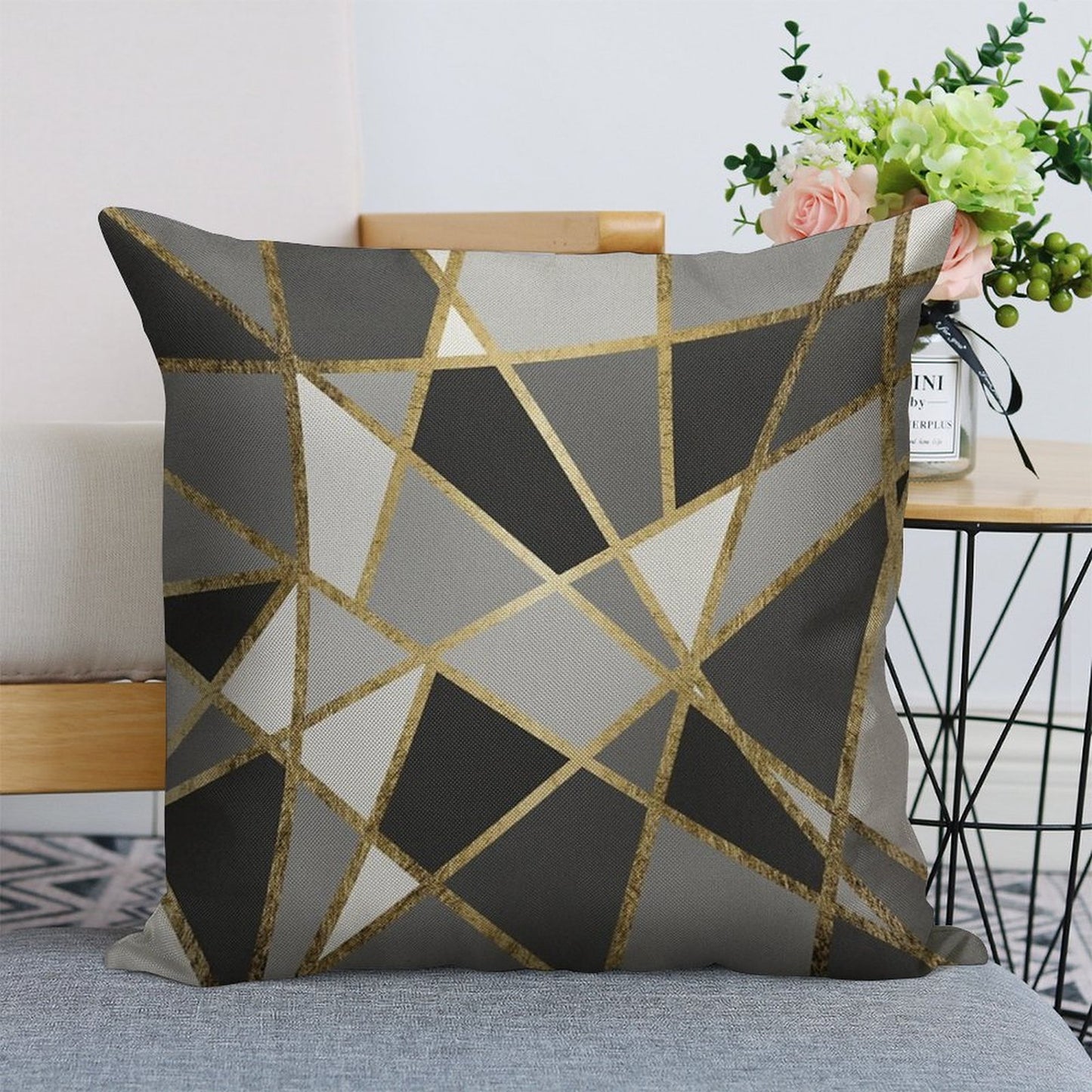 Black & Gray Modern Geo Gold Triangles Linen Throw Pillow Cover