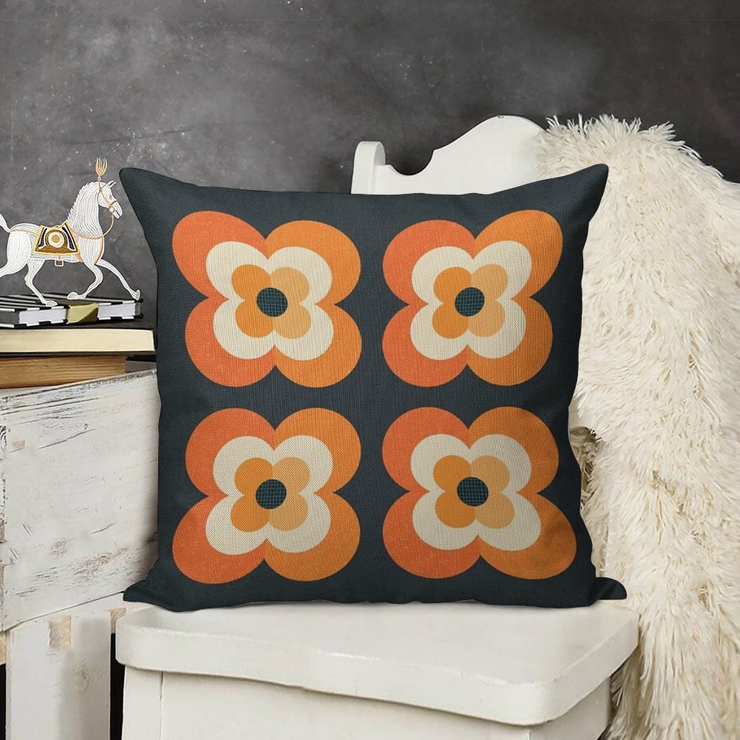 Retro Flowers - Orange And Charcoal Linen Throw Pillow Cover