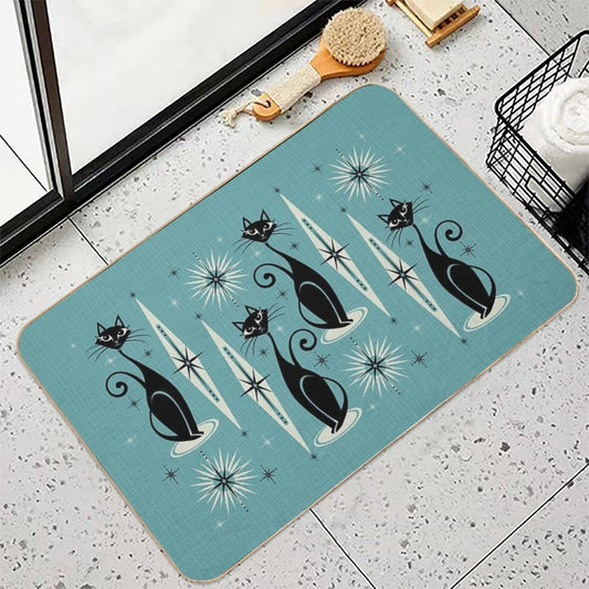 Mid Century Meow on Blue Bath Mat