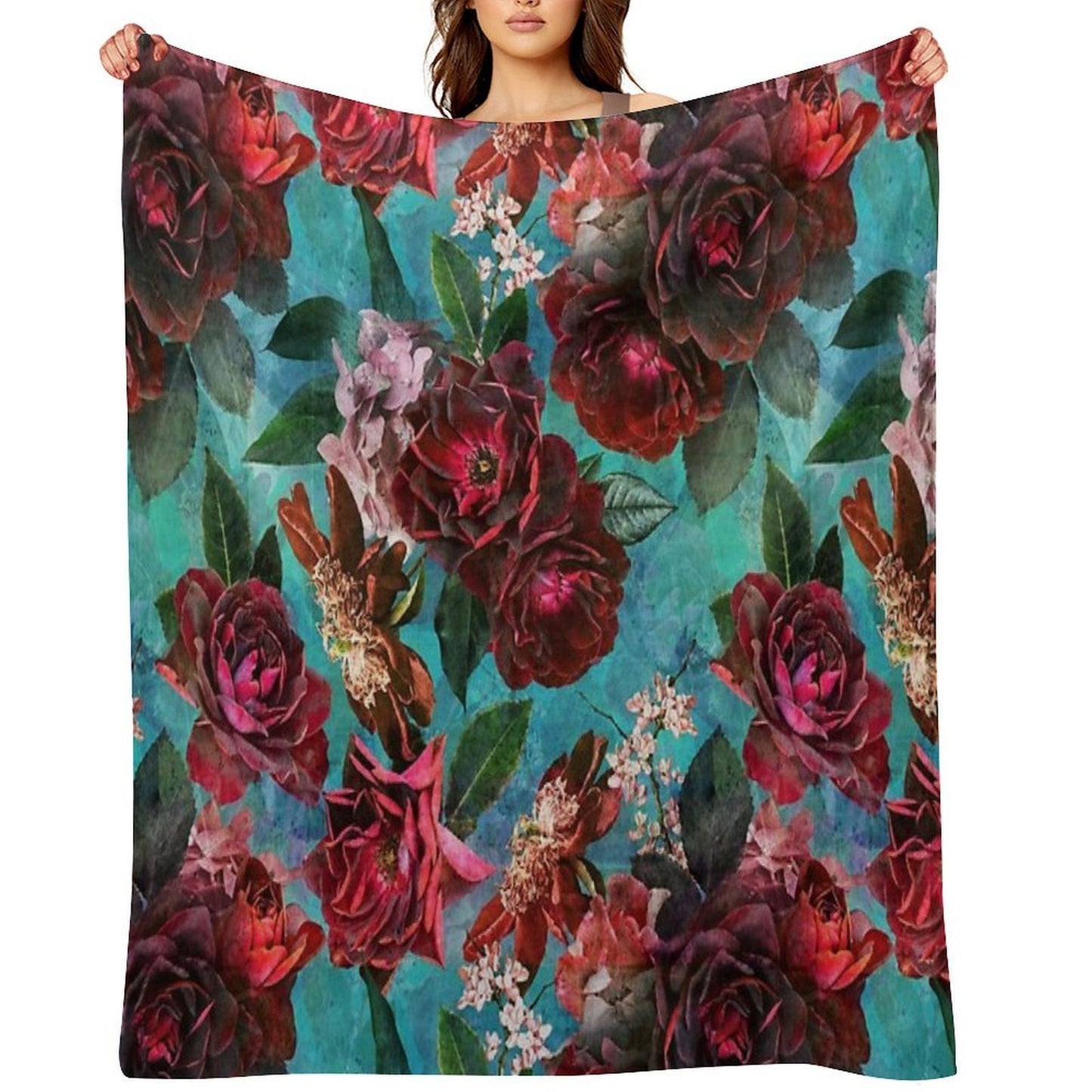 Turquoise Vintage Summer Roses Botanical Garden NightGarden Throw Blanket