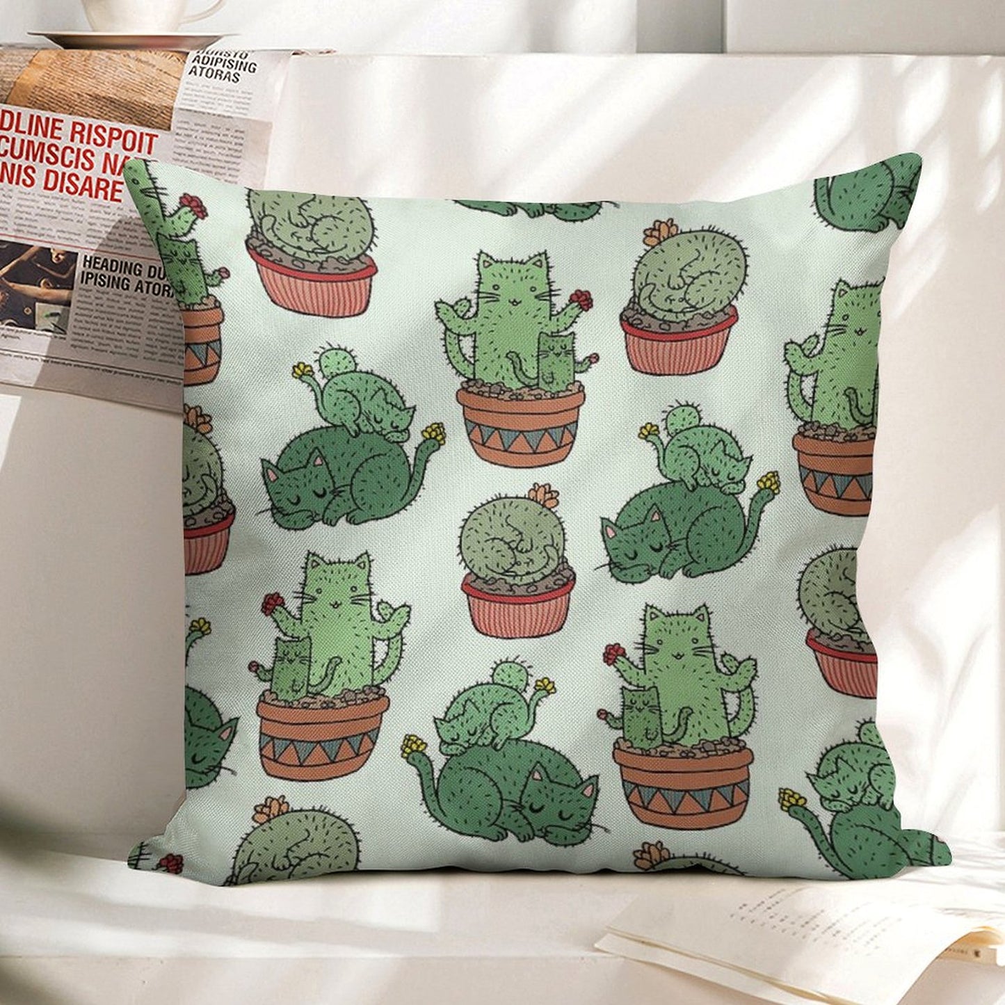 Cactus Cats Linen Throw Pillow Cover