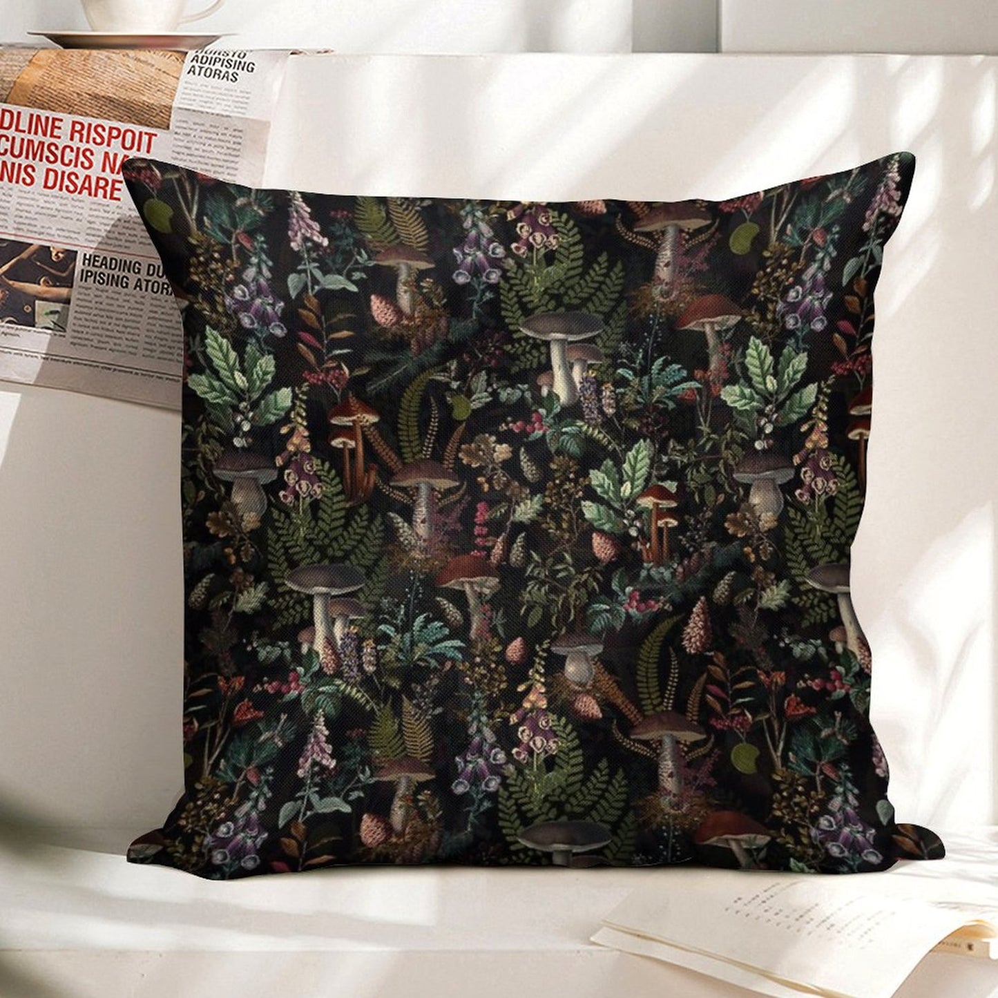 Vintage Mysterious Mushrooms Forest Botanical Botanical Night Garden Pattern NightGarden Linen Throw Pillow Cover