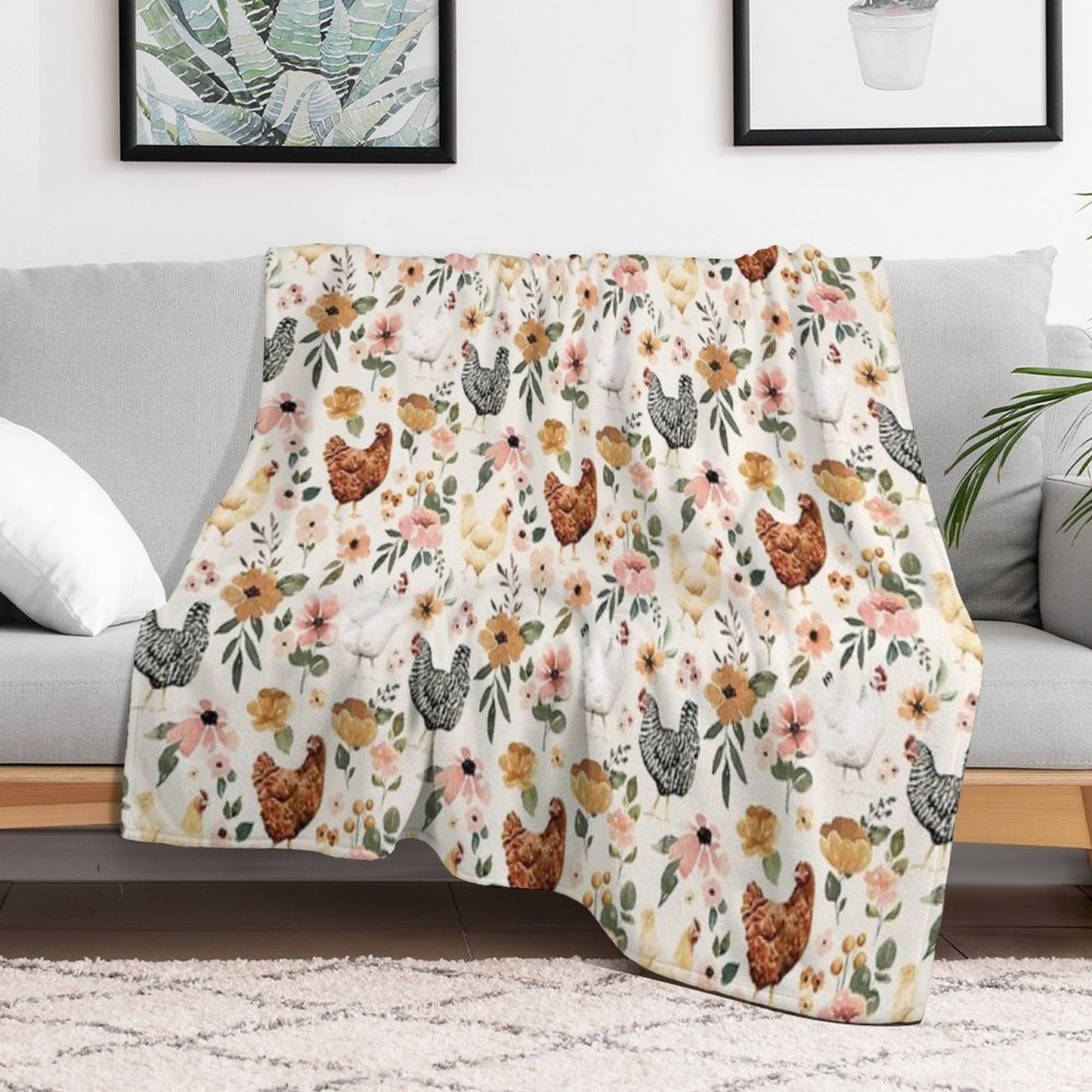 Watercolor Chicken Floral, Charlotte Floral Collection Throw Blanket