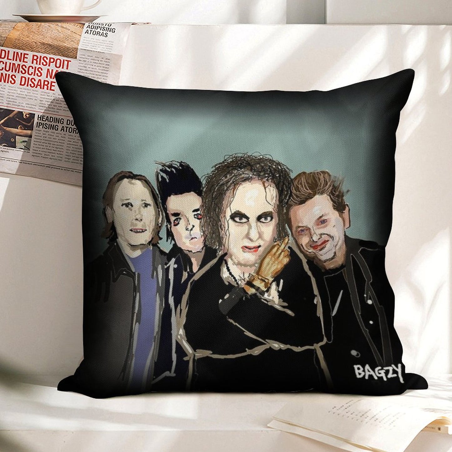 Original Fan Art, Drawing by Bagzy, Goth Rock, Alternative Music, 80s Linen Throw Pillow Cover
