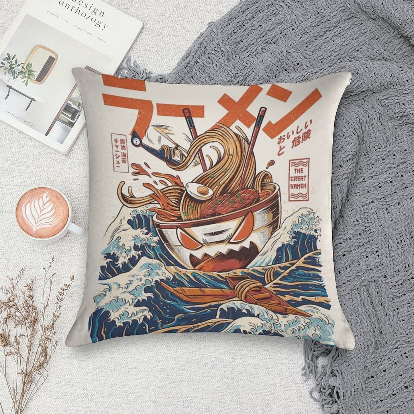 The Great Ramen Off Kanagawa Soft Shrink-Resistant Throw Pillow