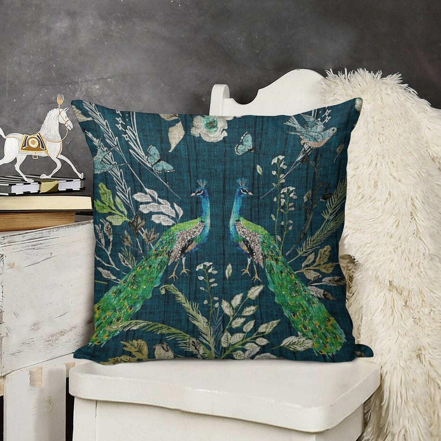Peacock Chinoiserie (teal) Linen Throw Pillow Cover