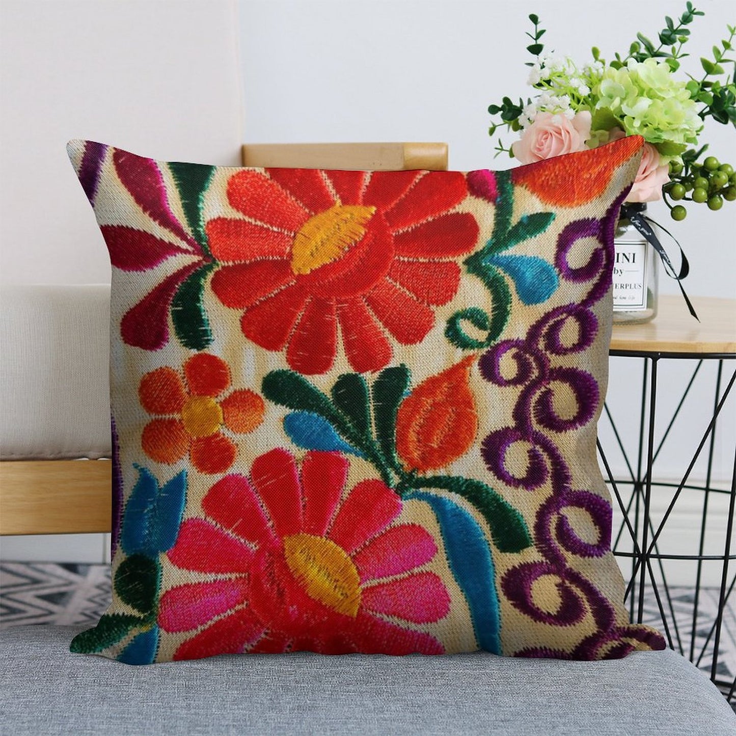 Mexico's Flowers Linen Throw Pillow Cover