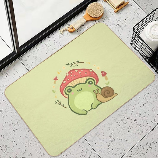 Cute Kawaii Frog with Toadstool Mushroom Hat And Snail Cottagecore Aesthetic Love Bath Mat