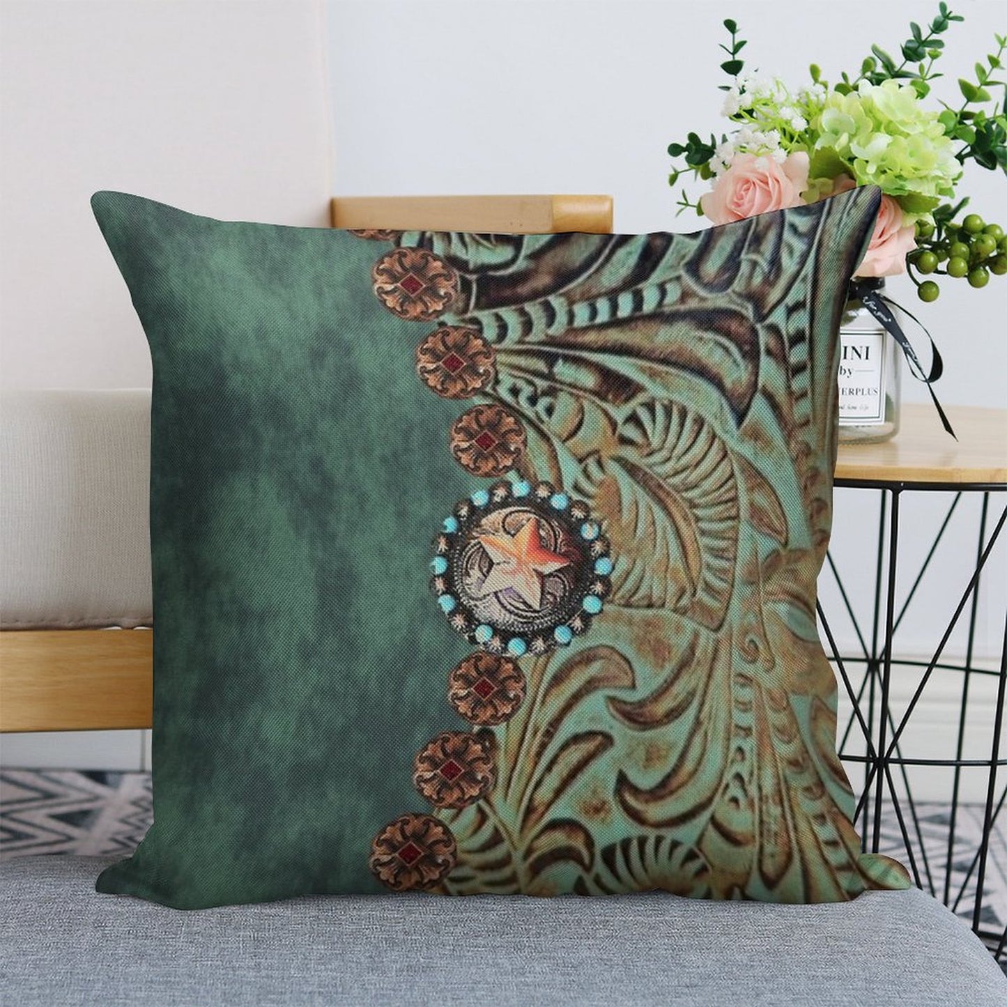 Rustic Cowboy Cowgirl Western Country Green Teal Linen Throw Pillow Cover