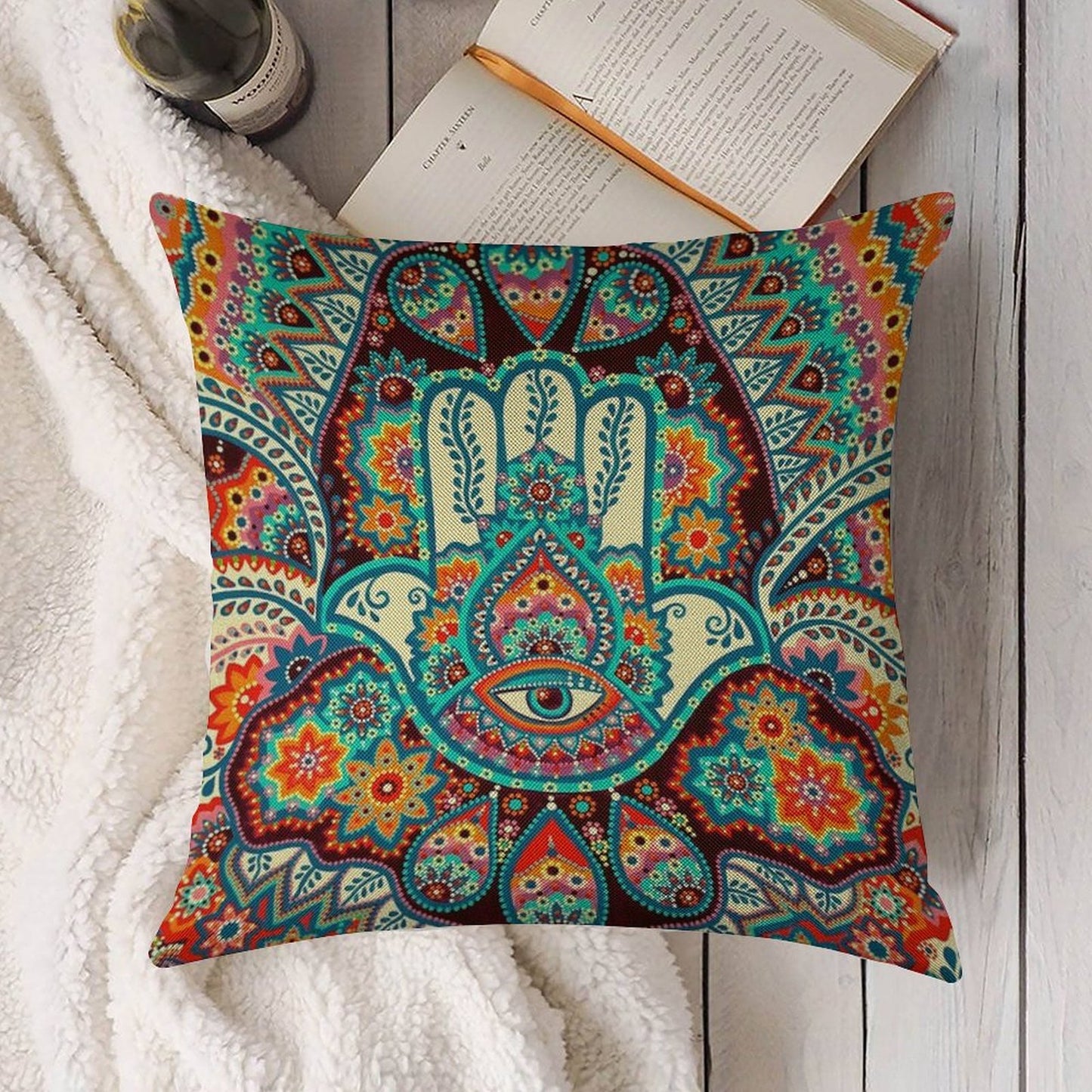 Hamsa Hand Linen Throw Pillow Cover