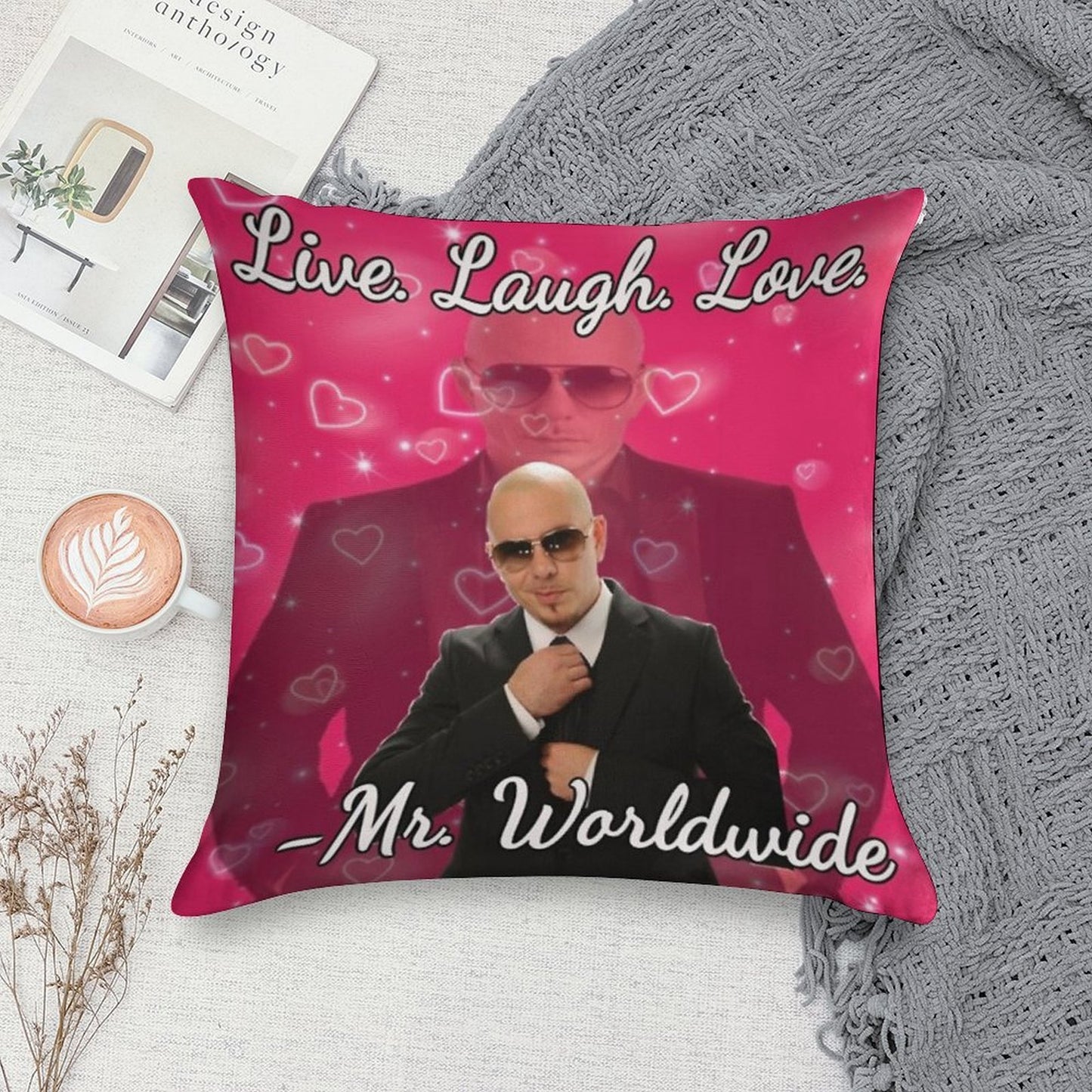Mr Worldwide Live. Laugh. Love. Soft Reinforced Edging Throw Pillow