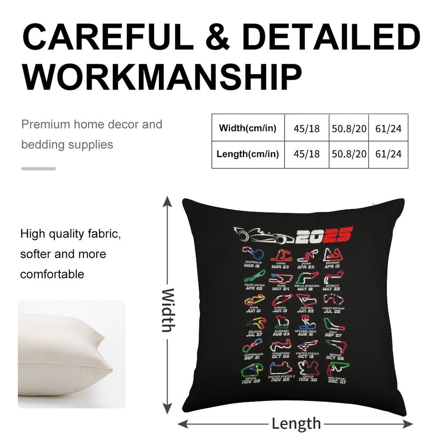 Calendar Formula Race Cars 2025 Circuits Colors Linen Throw Pillow Cover