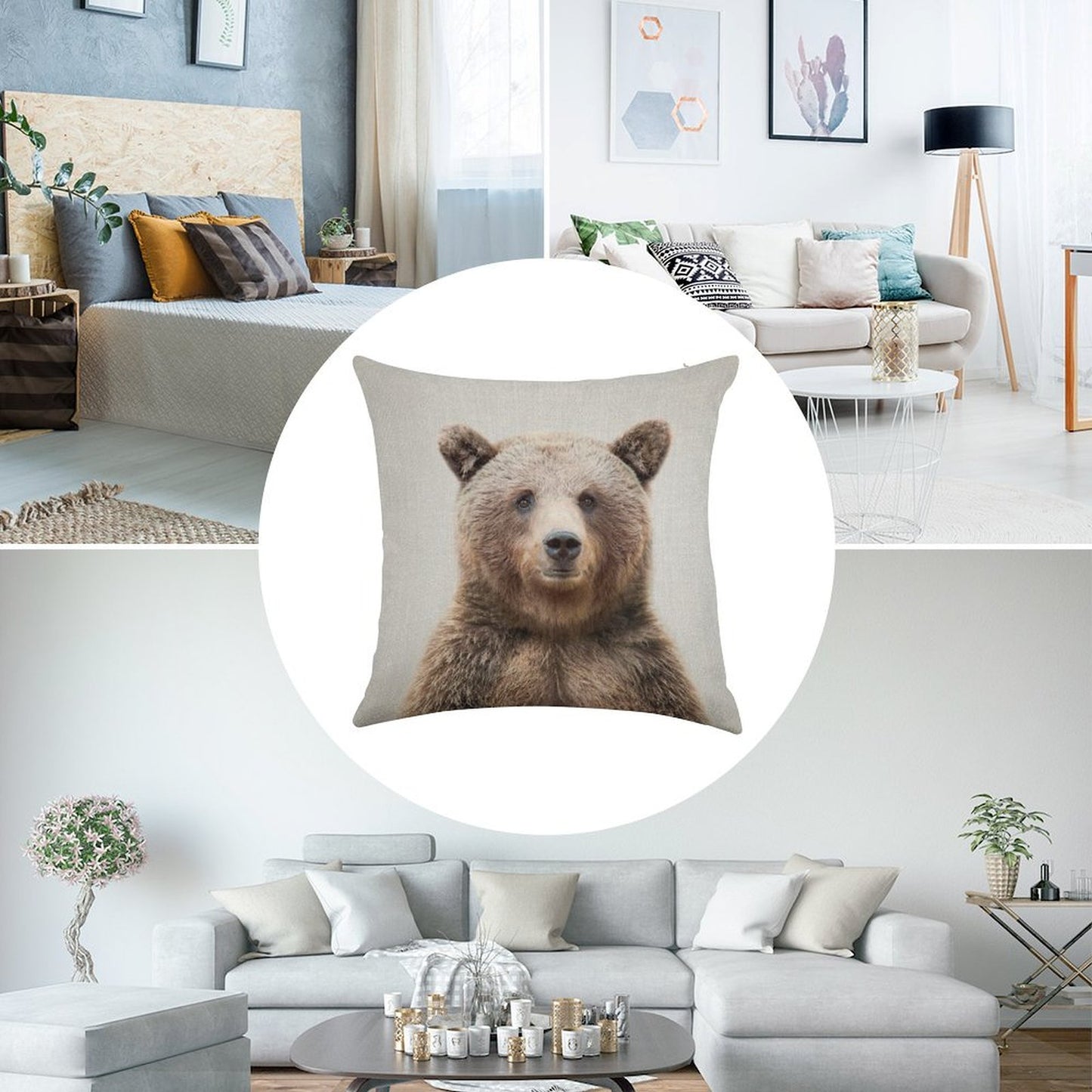 Grizzly Bear - Colorful Linen Throw Pillow Cover