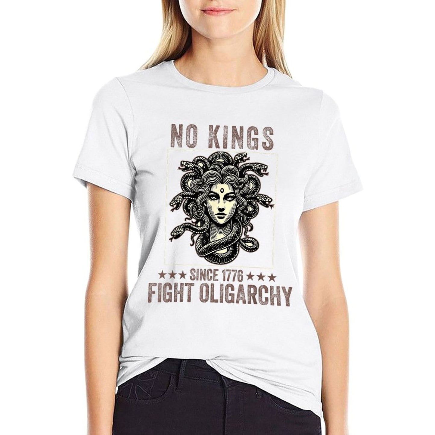No Kings Fight Oligarchy Medusa Feminist Patriot Women Girl Ribbed Collar T-Shirt