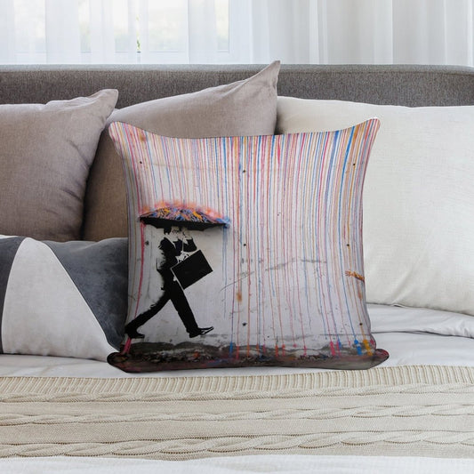 Banksy Umbrella Rainbow Happy Girl Soft Luxury Feel Throw Pillow