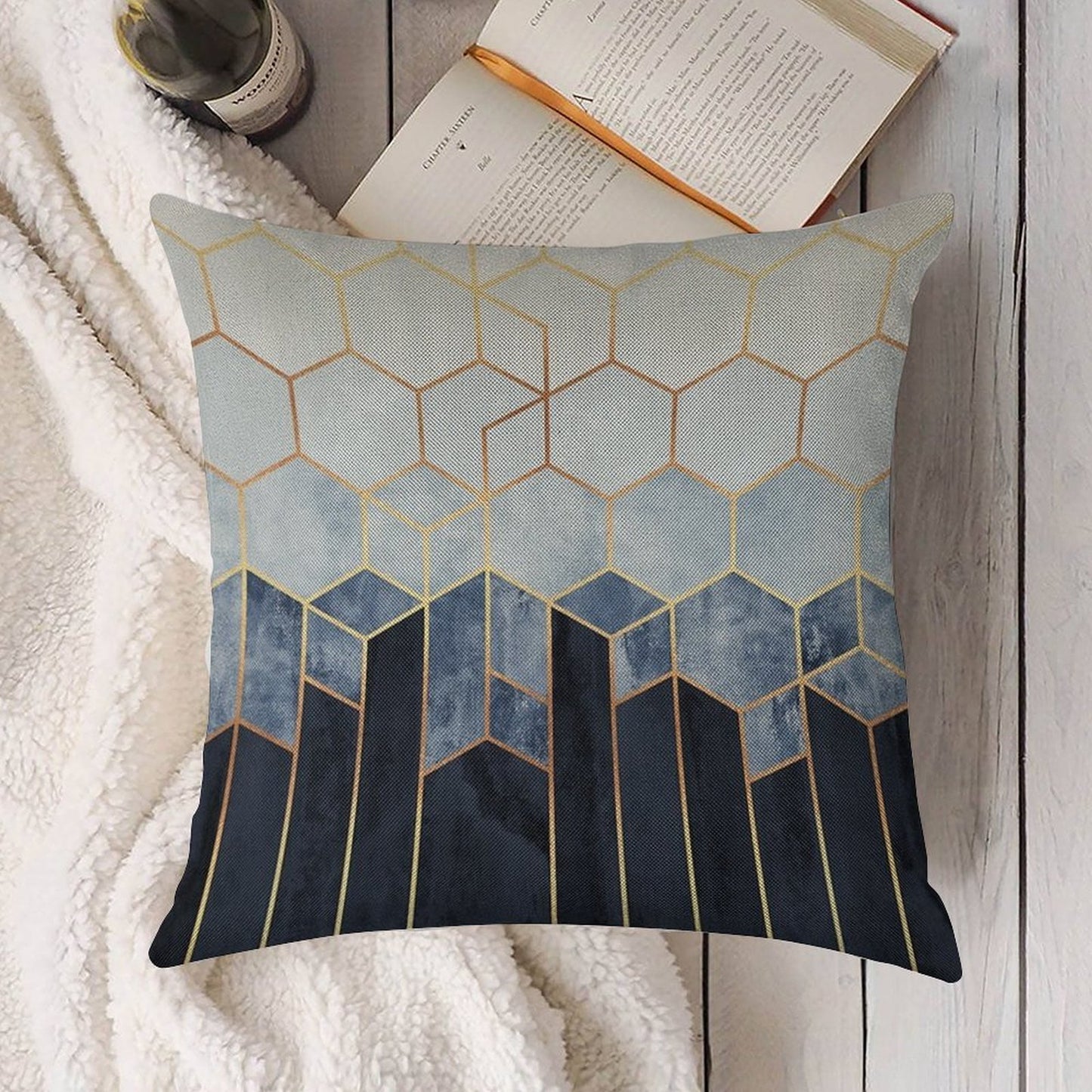 Soft Blue Hexagons Linen Throw Pillow Cover