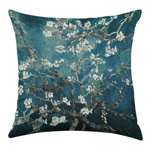 Van Gogh Almond Blossoms Dark Teal Linen Throw Pillow Cover
