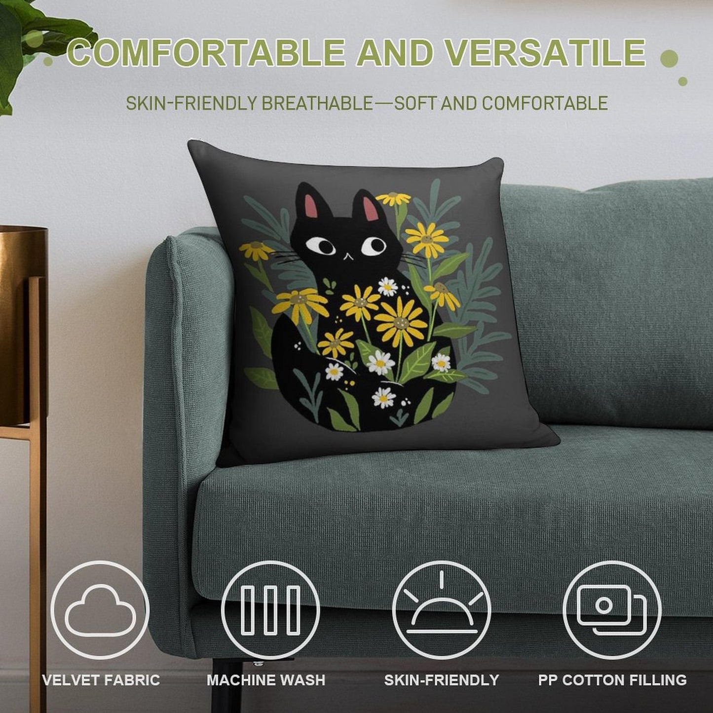 Black Cat with Flowers Soft Fade-Resistant Throw Pillow