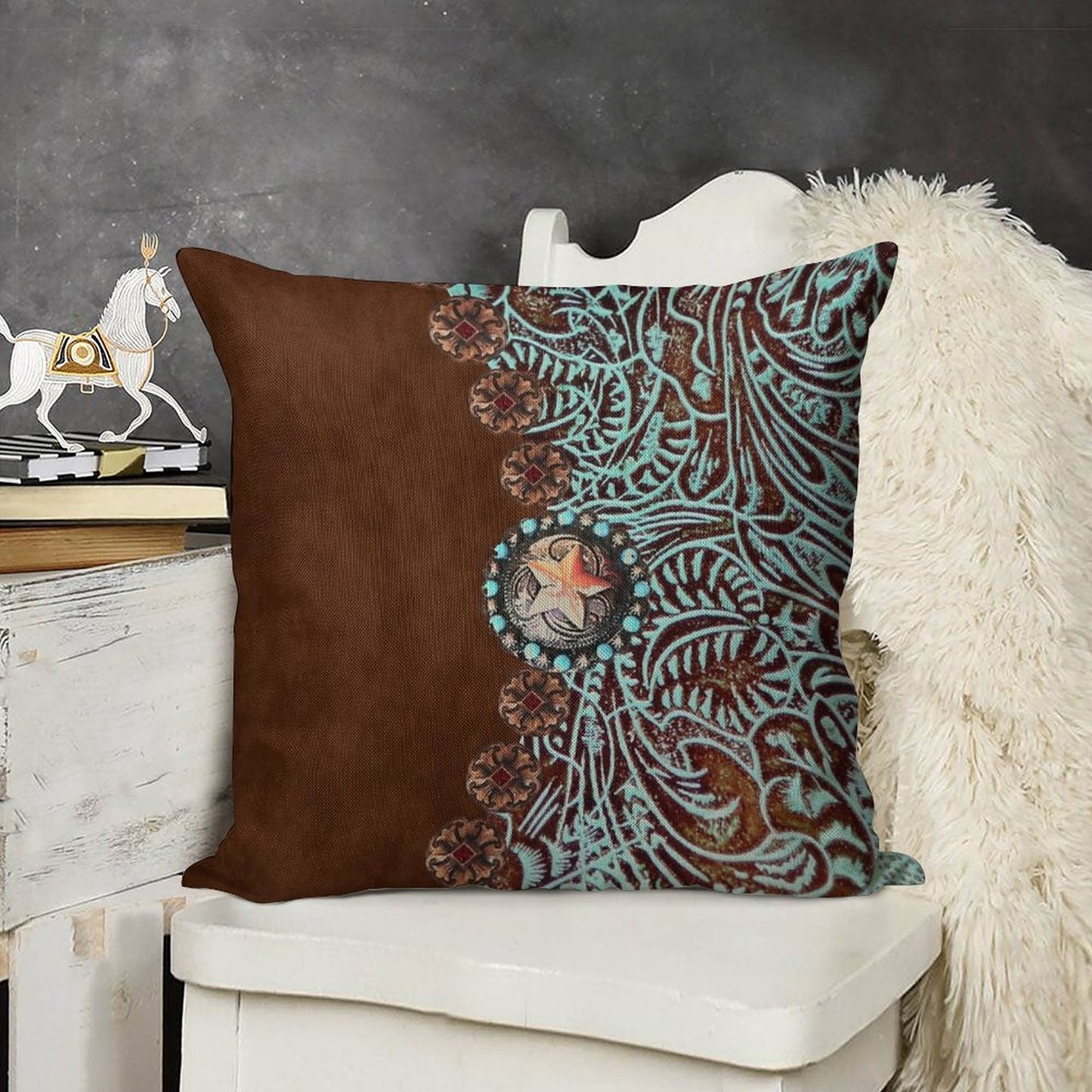 Primitive Cowboy Cowgirl Western Country Brown Turquoise Linen Throw Pillow Cover