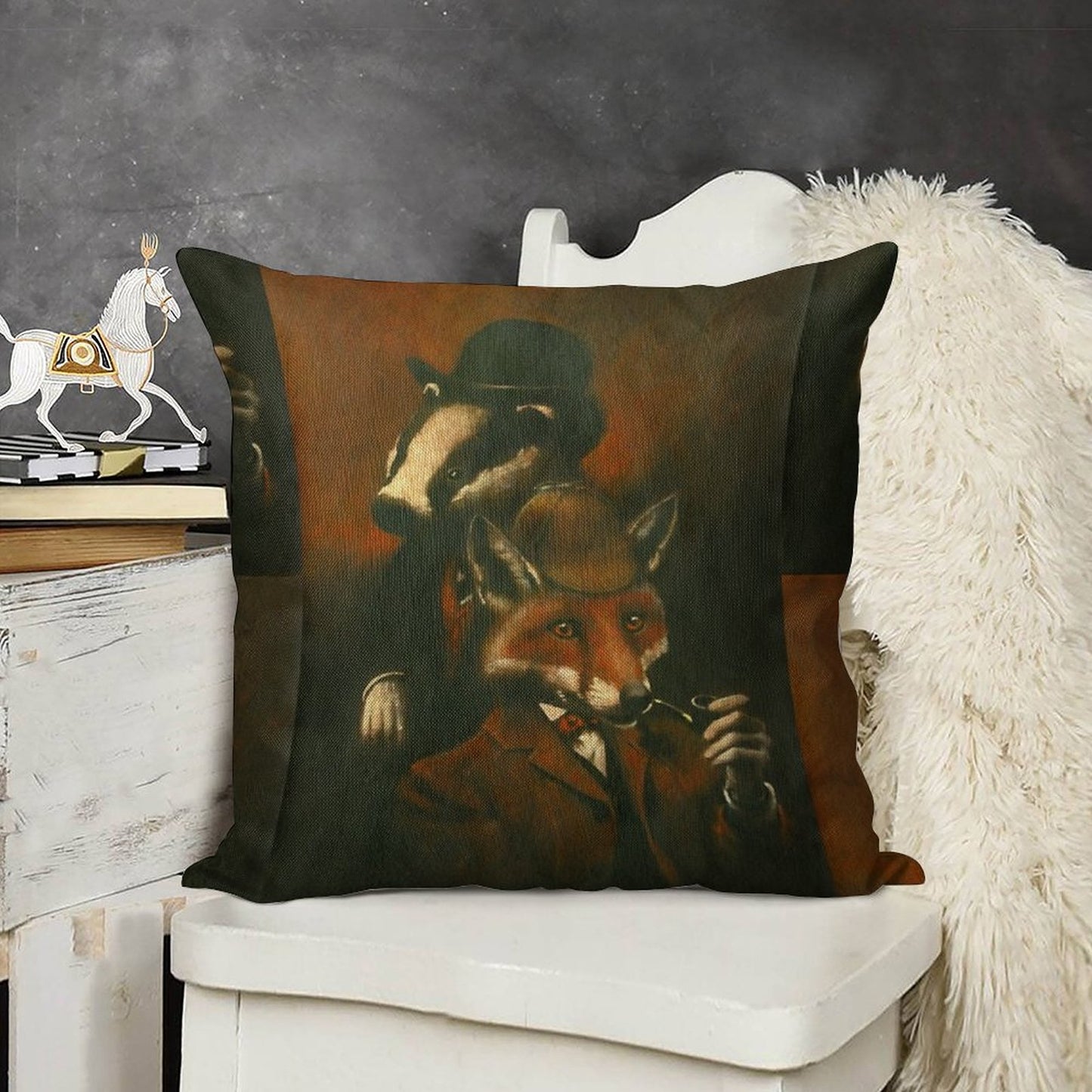 Fox And Badger Holmes And Watson Linen Throw Pillow Cover