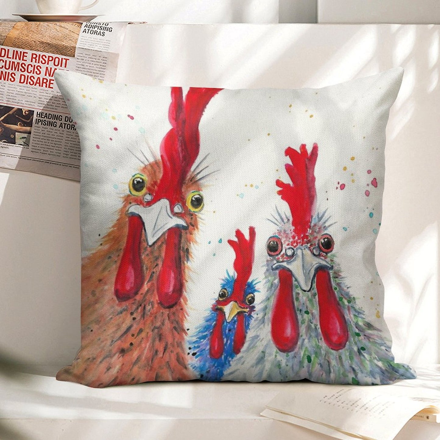 Chicken Ladies, Hen, Chicken, Rooster, Bird Linen Throw Pillow Cover