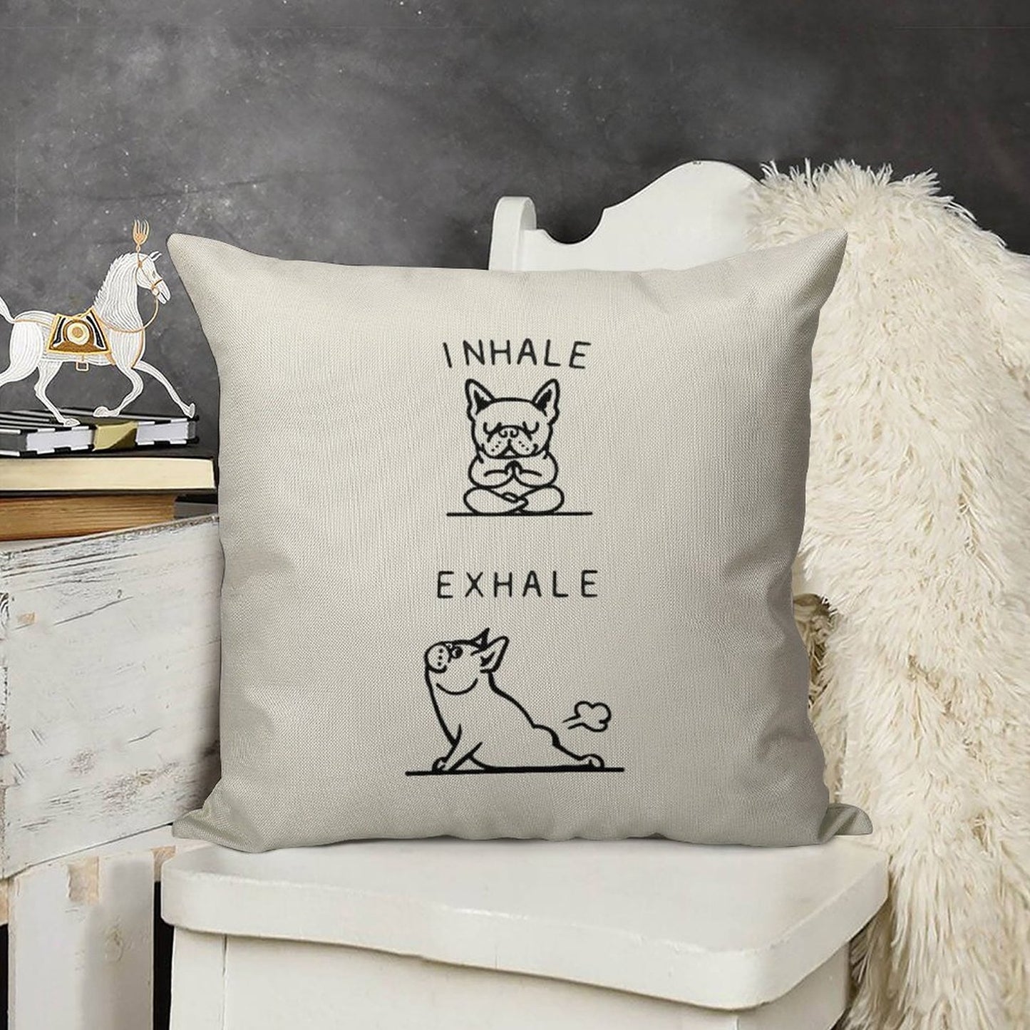 Inhale Exhale Frenchie Linen Throw Pillow Cover